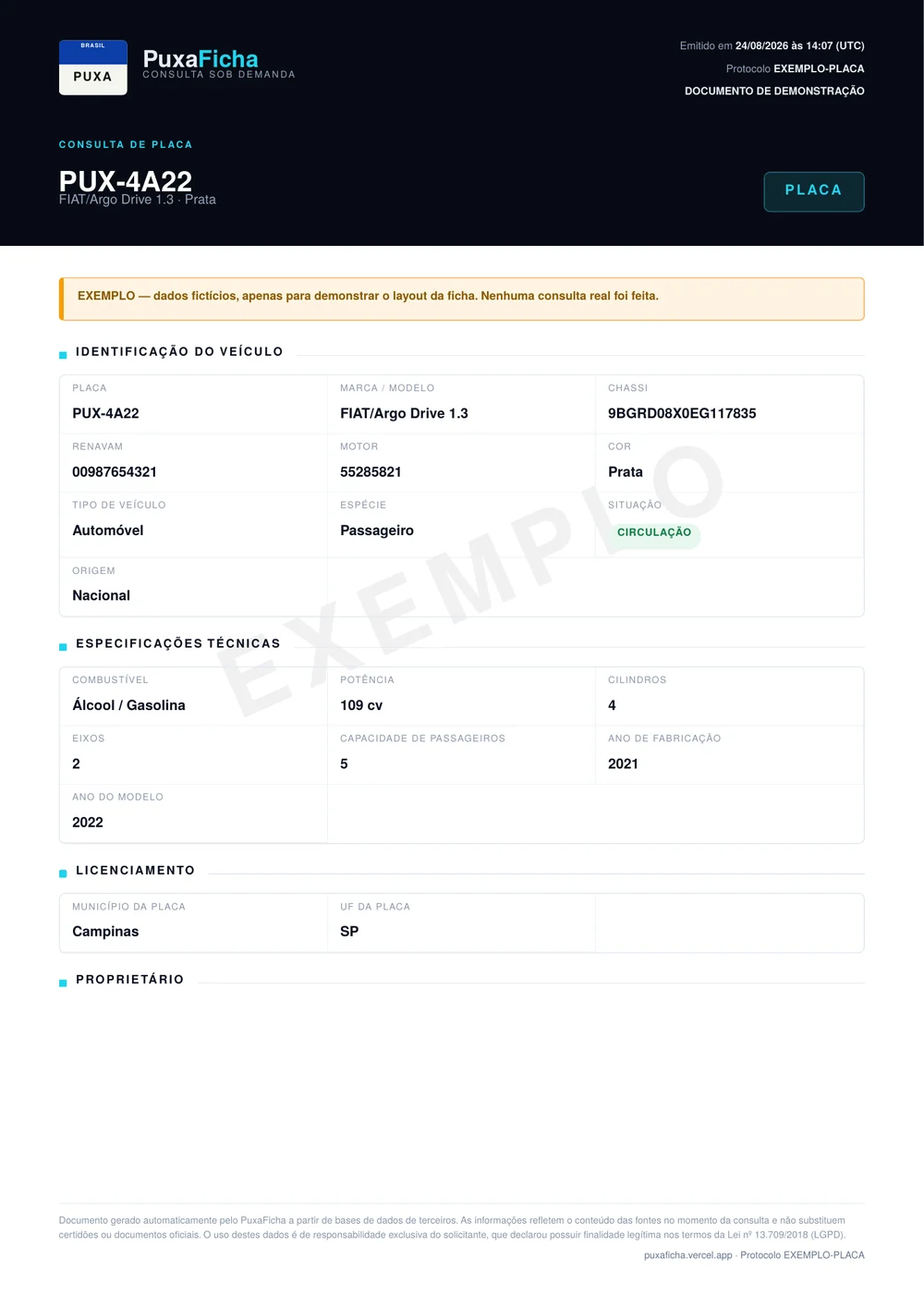 Primeira página da ficha de exemplo da consulta de Placa, com dados fictícios